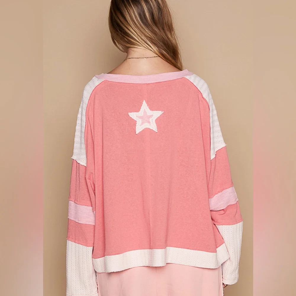 POL star sweater patchwork boho floral patchwork long sleeve pink cream - Picture 4 of 5